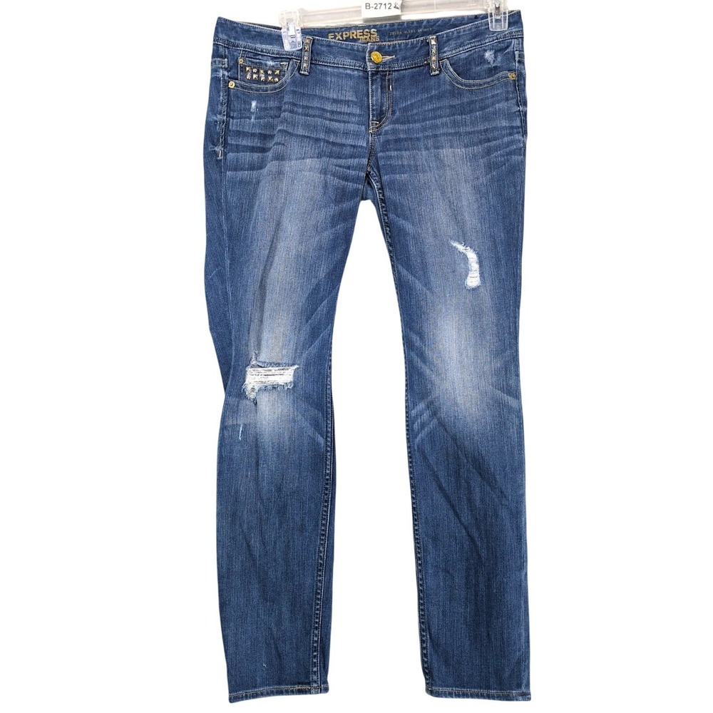 Express Zelda Ultra Skinny Jeans Womens 12 36x32" Distressed Studs Stretch Denim